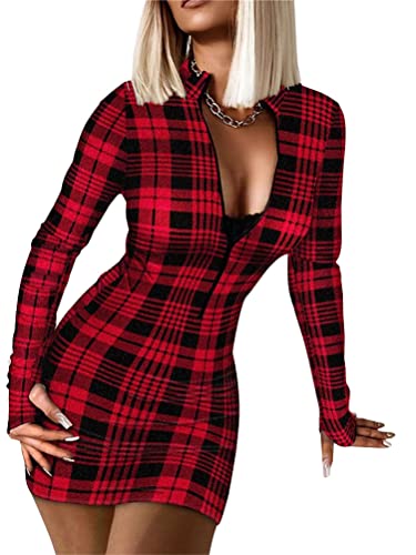 ORANDESIGNE Damen Gradient Farben Streifen Bodycon Minikleid Frauen Rot Tartan Kariert Figurbetontes Kleid Langarm Partykleider Cocktailkleid Bleistiftkleid J Rot L von ORANDESIGNE