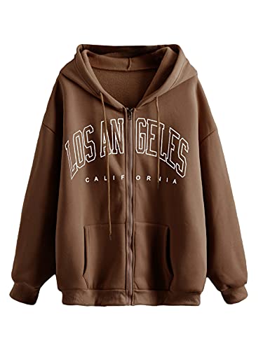 ORANDESIGNE Damen Grafikdruck Hoodie Jacke Teenager Mädchen Oversize Vintage Reißverschluss Kapuzenjacke Zip Up Kapuzenpullover Sweatshirt mit Kapuze 90er Y2K E-Girl Übergangsjacke K Braun L von ORANDESIGNE