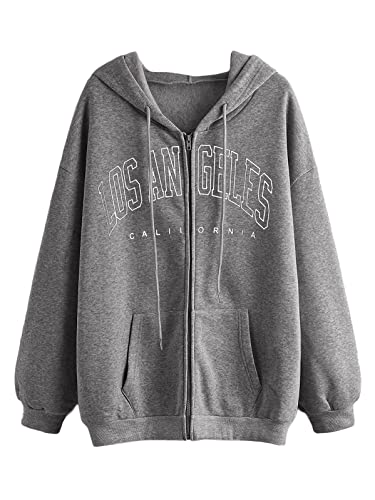 ORANDESIGNE Damen Grafikdruck Hoodie Jacke Teenager Mädchen Oversize Vintage Reißverschluss Kapuzenjacke Zip Up Kapuzenpullover Sweatshirt mit Kapuze 90er Y2K E-Girl Übergangsjacke K Dunkelgrau L von ORANDESIGNE