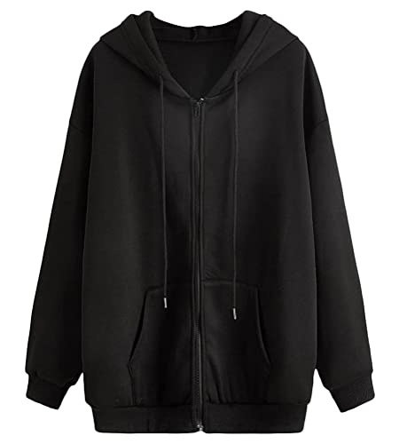 ORANDESIGNE Damen Grafikdruck Hoodie Jacke Teenager Mädchen Oversize Vintage Reißverschluss Kapuzenjacke Zip Up Kapuzenpullover Sweatshirt mit Kapuze 90er Y2K E-Girl Übergangsjacke O Schwarz XL von ORANDESIGNE