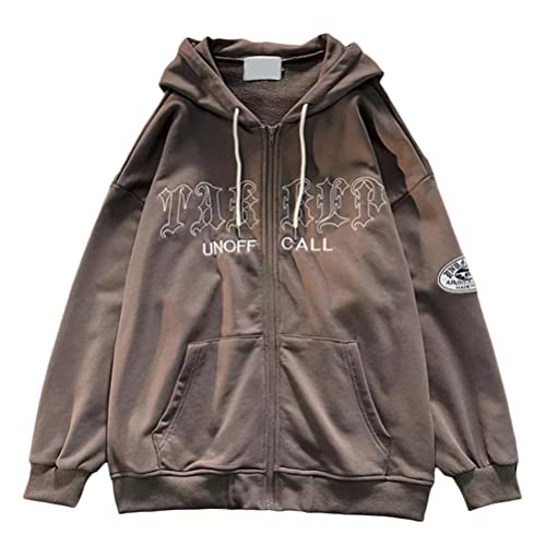 ORANDESIGNE Damen Grafikdruck Hoodie Jacke Teenager Mädchen Oversize Vintage Reißverschluss Kapuzenjacke Zip Up Kapuzenpullover Sweatshirt mit Kapuze 90er Y2K E-Girl Übergangsjacke S Braun S von ORANDESIGNE