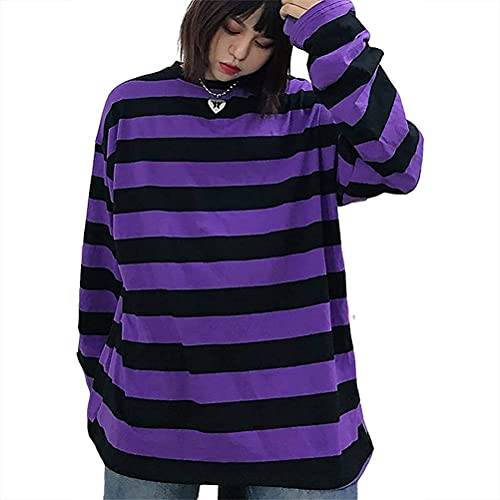 ORANDESIGNE Damen Harajuku Überdimensioniert Streifen Lässig Lange Ärmel Crewneck T-Shirt Tops A Violett M von ORANDESIGNE