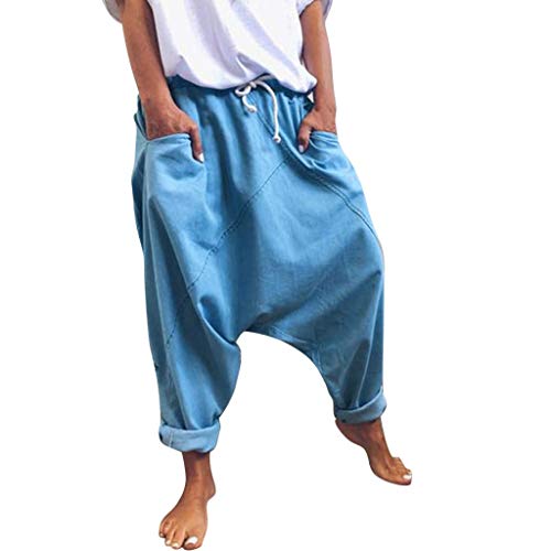 ORANDESIGNE Damen Haremshose Aladinhose Yoga Pumphose Baggy Ballon Jogginghose Hippie Hose Sommerhosen Bequem Loose Einfarbig Freizeithose Mit Kordelzug Blau Large von ORANDESIGNE