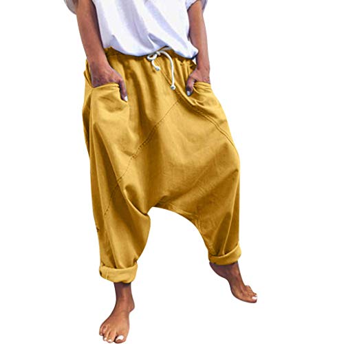 ORANDESIGNE Damen Haremshose Aladinhose Yoga Pumphose Baggy Ballon Jogginghose Hippie Hose Sommerhosen Bequem Loose Einfarbig Freizeithose Mit Kordelzug Gelb X-Large von ORANDESIGNE