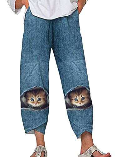 ORANDESIGNE Damen Haremshose Elegant 7/8 Pumphose Katzen Pferde Drucken Lange Leinenhose Leichte Pumphose Freizeithose Sommerhose Elastische Taille Hose mit weitem Bein Haremshose E Blau S von ORANDESIGNE