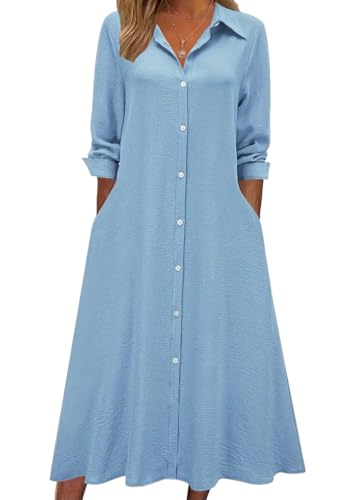 ORANDESIGNE Damen Hemdkleid Knopfleiste Shirtkleid Langarm Freizeitkleid V-Ausschnitt Midikleid Frühling Herbst A Blau L von ORANDESIGNE