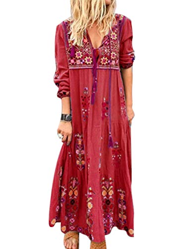 ORANDESIGNE Damen Herbst Winter Langarm Casual Loose V-Ausschnitt Boho Kleider Elegant Böhmen Lang Kleid Drucken Blume Tunnelzug Vintage Party Maxikleid A Rot, 50 ORANDESIGNE Damen Herbst Winter Langarm Casual Loose V-Ausschnitt Boho Kleider Elegant Böhmen Lang Kleid Drucken Blume Tunnelzug Vintage Party Maxikleid A Rot, 50 von ORANDESIGNE
