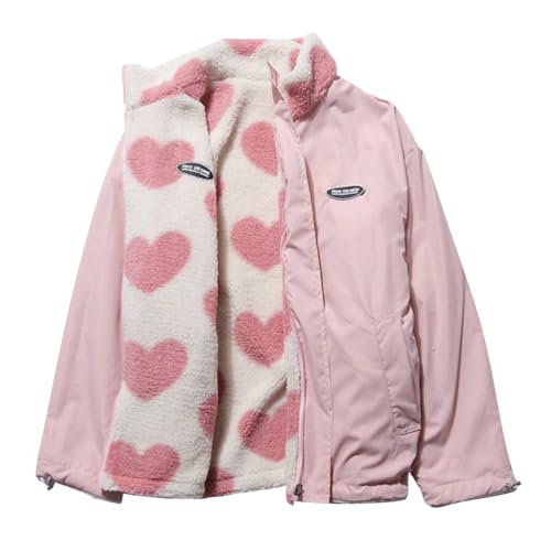 ORANDESIGNE Damen Herren Wintermäntel Reversibel Patchwork Jacke Oberbekleidung Teddy Fleece Mit Stehkragen Winterjacke Sweatjacke mit Reißverschluss Outdoorjacke A Rosa XXL von ORANDESIGNE