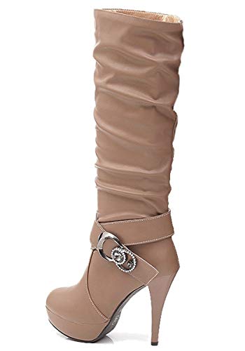 ORANDESIGNE Damen High Heels wasserdichte Plattform Stiefel mit Hohen Absätzen Stöckelschuhe Elegante Stiefel Strass Gürtelschnalle Schuh C Braun 40 EU von ORANDESIGNE