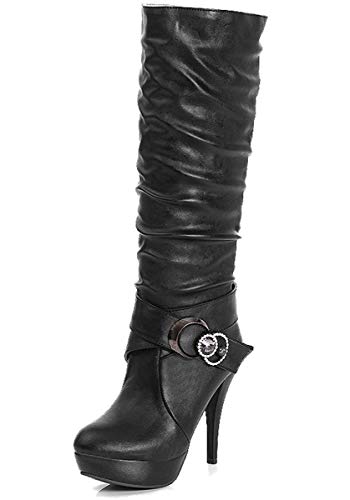 ORANDESIGNE Damen High Heels wasserdichte Plattform Stiefel mit Hohen Absätzen Stöckelschuhe Elegante Stiefel Strass Gürtelschnalle Schuh C Schwarz 39 EU von ORANDESIGNE