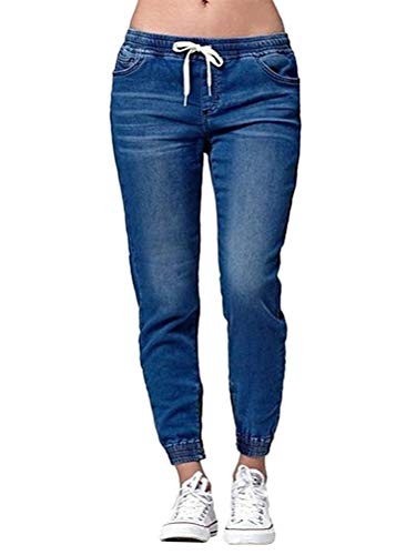 ORANDESIGNE Damen High Waist Jeans Straight Slim Denim Stretch Lang Jeanshosen Mit Gummizug A Dunkelblau L von ORANDESIGNE