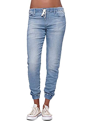 ORANDESIGNE Damen High Waist Jeans Straight Slim Denim Stretch Lang Jeanshosen Mit Gummizug A Hellblau L von ORANDESIGNE