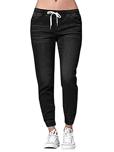 ORANDESIGNE Damen High Waist Jeans Straight Slim Denim Stretch Lang Jeanshosen Mit Gummizug A Schwarz L von ORANDESIGNE