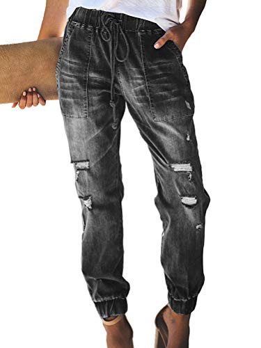 ORANDESIGNE Damen High Waist Jeans Straight Slim Denim Stretch Lang Jeanshosen Mit Gummizug B Schwarz M von ORANDESIGNE