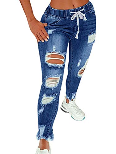 ORANDESIGNE Damen High Waist Jeans Straight Slim Denim Stretch Lang Jeanshosen Mit Gummizug C Dunkelblau M von ORANDESIGNE