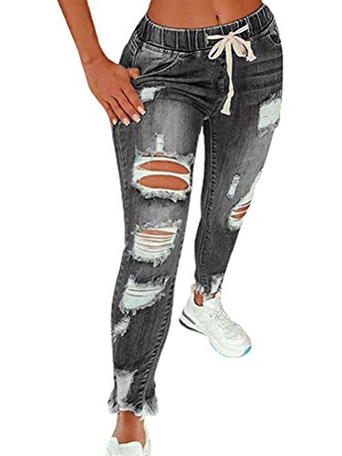 ORANDESIGNE Damen High Waist Jeans Straight Slim Denim Stretch Lang Jeanshosen Mit Gummizug C Grau L von ORANDESIGNE