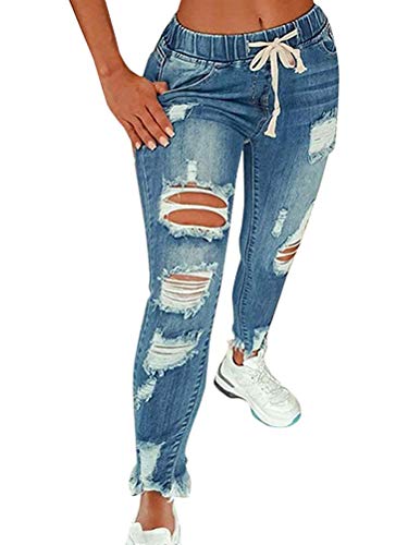 ORANDESIGNE Damen High Waist Jeans Straight Slim Denim Stretch Lang Jeanshosen Mit Gummizug C Hellblau L von ORANDESIGNE