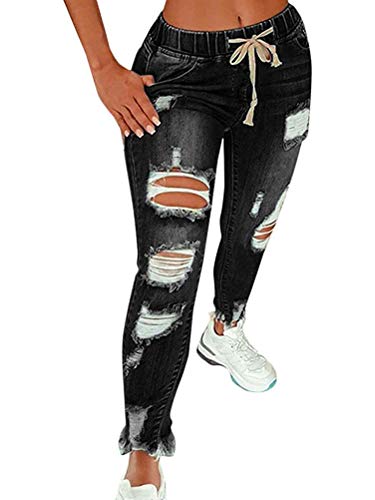 ORANDESIGNE Damen High Waist Jeans Straight Slim Denim Stretch Lang Jeanshosen Mit Gummizug C Schwarz L von ORANDESIGNE
