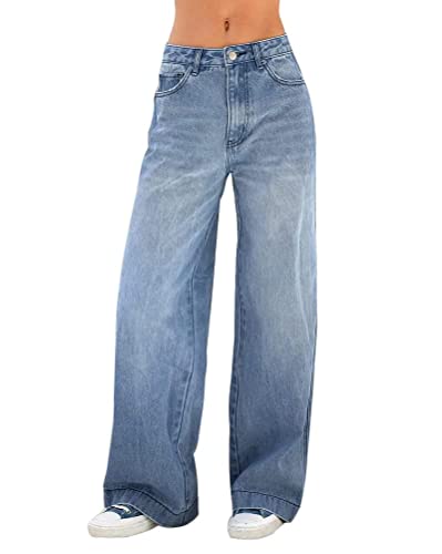 ORANDESIGNE Damen High Waist Jeans mit weitem Bein Straight Denim Pants Lässige Baggy Zerrissene Distressed Hosen Y2k Streetwear C Blau L ORANDESIGNE Damen High Waist Jeans mit weitem Bein Straight Denim Pants Lässige Baggy Zerrissene Distressed Hosen Y2k Streetwear C Blau L von ORANDESIGNE