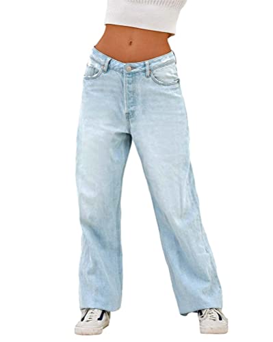 ORANDESIGNE Damen High Waist Jeans mit weitem Bein Straight Denim Pants Lässige Baggy Zerrissene Distressed Hosen Y2k Streetwear C Hellblau S ORANDESIGNE Damen High Waist Jeans mit weitem Bein Straight Denim Pants Lässige Baggy Zerrissene Distressed Hosen Y2k Streetwear C Hellblau S von ORANDESIGNE