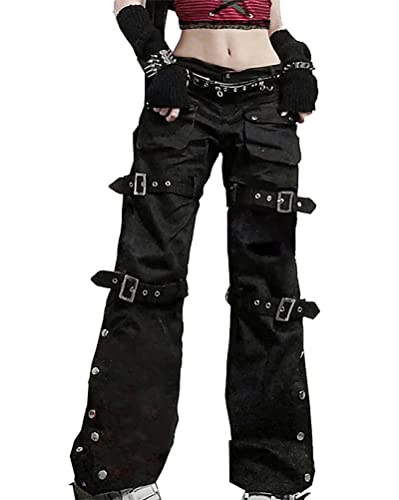 ORANDESIGNE Damen High Waist Schwarz Cargo Denim Hosen Taschen Punk Baggy Hose Weites Bein Techwear Jeans N Schwarz L von ORANDESIGNE