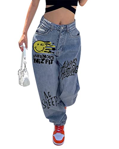 ORANDESIGNE Damen Hip Hop Jeans Baggy Jeans Straight Leg Gewaschen Jeanshose Casual Denim Hosen Vintage Bedruckte Jeans Teenager Mädchen Skateboard Hose Streetwear Y2K Jeans W Hellblau L von ORANDESIGNE