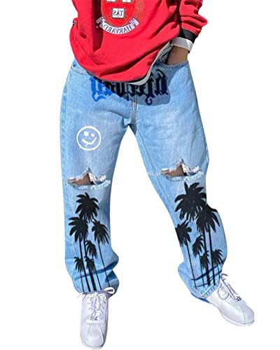 ORANDESIGNE Damen Hip Hop Jeans Baggy Jeans Straight Leg Gewaschen Jeanshose Casual Denim Hosen Vintage Bedruckte Jeans Teenager Mädchen Skateboard Hose Streetwear Y2K Jeans X Hellblau XL von ORANDESIGNE