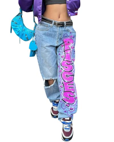 ORANDESIGNE Damen Hip Hop Jeans Baggy Jeans Straight Leg Gewaschen Jeanshose Casual Denim Hosen Vintage Bedruckte Jeans Teenager Mädchen Skateboard Hose Streetwear Y2K Jeans ZA Rose L von ORANDESIGNE