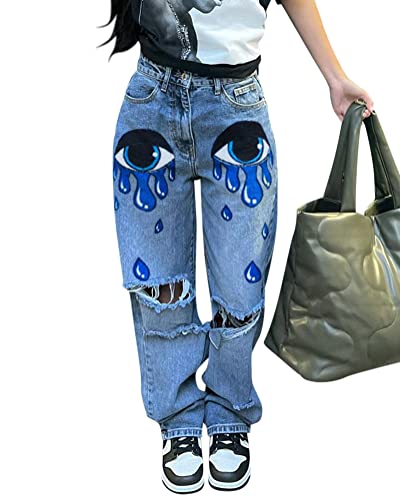 ORANDESIGNE Damen Hip Hop Jeans Baggy Straight Leg Gewaschen Jeanshose Casual Denim Hosen Vintage Bedruckte Jeans Teenager Mädchen Skateboard Hose Streetwear Y2K Jeans T Hellblau M von ORANDESIGNE