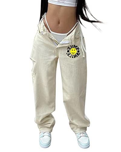 ORANDESIGNE Damen Hip Hop Jeans Baggy Straight Leg Gewaschen Jeanshose Casual Denim Hosen Vintage Bedruckte Jeans Teenager Mädchen Skateboard Hose Streetwear Y2K Jeans U Beige XL von ORANDESIGNE
