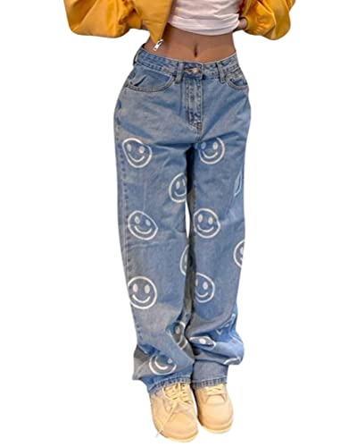 ORANDESIGNE Damen Hip Hop Jeans Baggy Straight Leg Gewaschen Jeanshose Casual Denim Hosen Vintage Bedruckte Jeans Teenager Mädchen Skateboard Hose Streetwear Y2K Jeans V Hellblau XXL von ORANDESIGNE