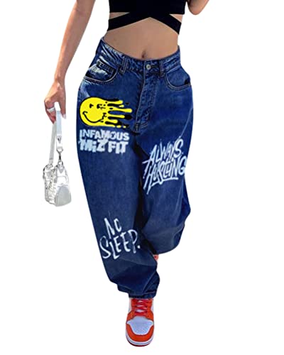 ORANDESIGNE Damen Hip Hop Jeans Baggy Straight Leg Gewaschen Jeanshose Casual Denim Hosen Vintage Bedruckte Jeans Teenager Mädchen Skateboard Hose Streetwear Y2K Jeans W Dunkelblau L von ORANDESIGNE