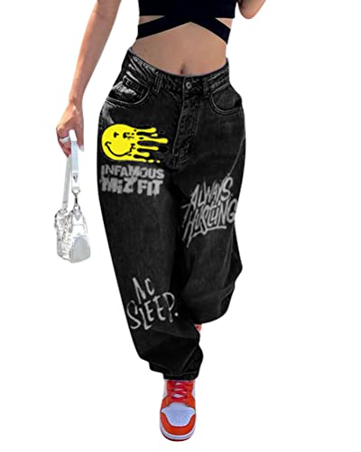 ORANDESIGNE Damen Hip Hop Jeans Baggy Straight Leg Gewaschen Jeanshose Casual Denim Hosen Vintage Bedruckte Jeans Teenager Mädchen Skateboard Hose Streetwear Y2K Jeans W Schwarz S von ORANDESIGNE