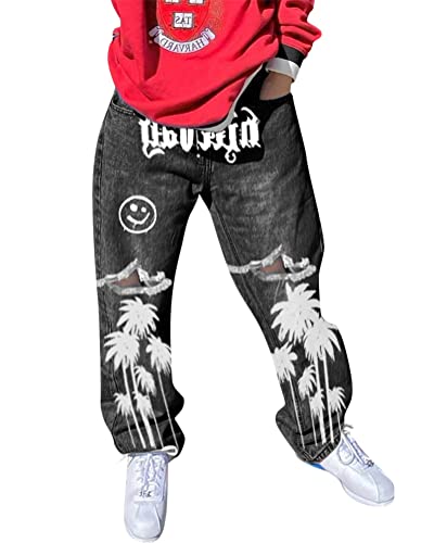 ORANDESIGNE Damen Hip Hop Jeans Baggy Straight Leg Gewaschen Jeanshose Casual Denim Hosen Vintage Bedruckte Jeans Teenager Mädchen Skateboard Hose Streetwear Y2K Jeans X Schwarz XL von ORANDESIGNE