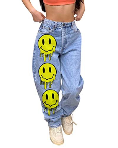 ORANDESIGNE Damen Hip Hop Jeans Baggy Straight Leg Gewaschen Jeanshose Casual Denim Hosen Vintage Bedruckte Jeans Teenager Mädchen Skateboard Hose Streetwear Y2K Jeans Y Hellblau M von ORANDESIGNE