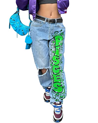 ORANDESIGNE Damen Hip Hop Jeans Baggy Straight Leg Gewaschen Jeanshose Casual Denim Hosen Vintage Bedruckte Jeans Teenager Mädchen Skateboard Hose Streetwear Y2K Jeans ZA Grün 3XL von ORANDESIGNE