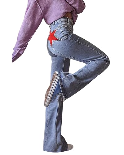 ORANDESIGNE Damen Hip Hop Jeans Baggy Straight Leg Gewaschen Jeanshose Casual Denim Hosen Vintage Bedruckte Jeans Teenager Mädchen Skateboard Hose Streetwear Y2K Jeans ZE Blau L von ORANDESIGNE