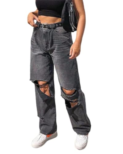 ORANDESIGNE Damen Hip Hop Jeans Baggy Straight Leg Gewaschen Jeanshose Casual Denim Hosen Vintage Bedruckte Jeans Teenager Mädchen Skateboard Hose Streetwear Y2K Jeans ZG Schwarz XS von ORANDESIGNE