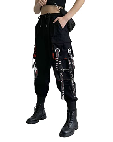 ORANDESIGNE Damen Hip Hop Jogger Cargo Pants Techwear Hosen Baggy Streetwear Punk Hose A Schwarz L von ORANDESIGNE