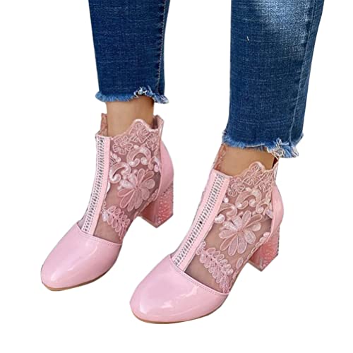 ORANDESIGNE Damen Hohle Tüll Stiefel Bestickte Blockabsatz Stiefeletten Kurze Stiefel Elegante Spleißen Blumen Spitze Sommerstiefel mit Reißverschluss A Rosa 36 EU von ORANDESIGNE