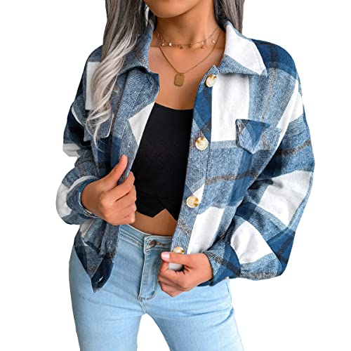 ORANDESIGNE Damen Holzfäller Jacke Hemdjacke Urban Style Hemdbluse Oversize Kariert Herbst Winter Freizeit Karobluse Retro Karo Basic Jacke H Blau M von ORANDESIGNE