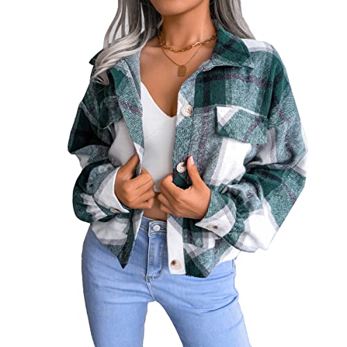 ORANDESIGNE Damen Holzfäller Jacke Hemdjacke Urban Style Hemdbluse Oversize Kariert Herbst Winter Freizeit Karobluse Retro Karo Basic Jacke H Grün XS von ORANDESIGNE