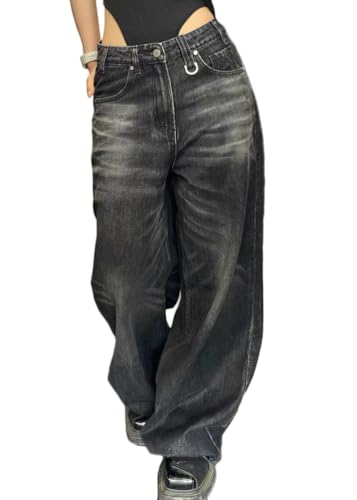 ORANDESIGNE Damen Vintage Cargo Jeans Y2K Hip Hop Baggy Straight Leg Gewaschen Jeanshose Casual Denim Hosen Bedruckte Jeans Teenager Mädchen Harajuku Skateboard Hose Streetwear B Schwarz XS von ORANDESIGNE