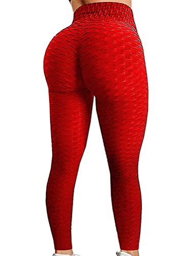 ORANDESIGNE Damen Honeycomb Leggings Geraffte Hintern Heben hohe Taille Yogahosen schick mit Sport Bauchkontrolle Kontrolle Gym A Rot XS von ORANDESIGNE