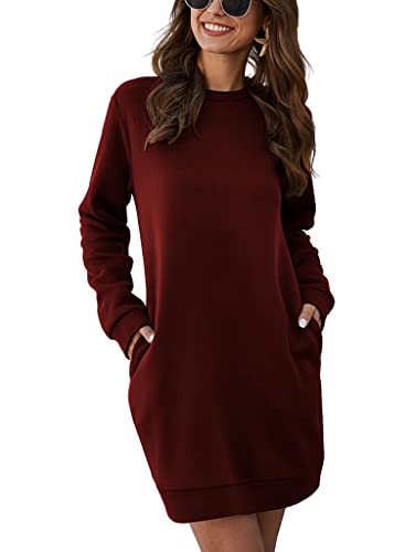 ORANDESIGNE Damen Hoodie Kleid Einfarbiger Pullover Langarm Sweatshirtkleid Tops Herbst Kurz Kleid Sweatshirt Pulloverkleid mit Taschen (Weinrot,M) von ORANDESIGNE