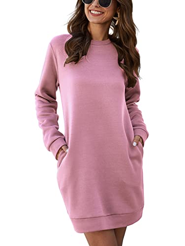 ORANDESIGNE Damen Hoodie Kleid Einfarbiger Pullover Langarm Sweatshirtkleid Tops Herbst Kurz Kleid Sweatshirt Pulloverkleid mit Taschen Rose L von ORANDESIGNE