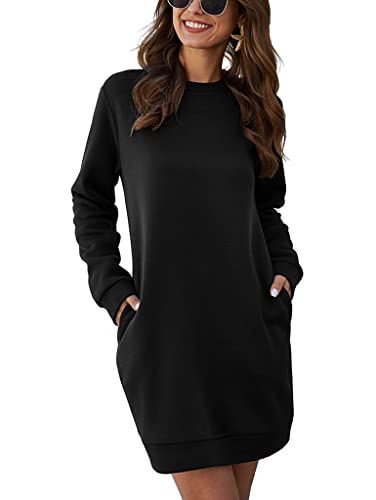 ORANDESIGNE Damen Hoodie Kleid Einfarbiger Pullover Langarm Sweatshirtkleid Tops Herbst Kurz Kleid Sweatshirt Pulloverkleid mit Taschen Schwarz M von ORANDESIGNE