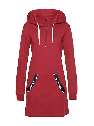 ORANDESIGNE Damen Hoodie Kleid Pullover Langarm Sweatshirts Kapuzenpullover Sweatkleid Herbst Mini Kleid Freizeitkleider mit 1/4 Reißverschluss (Rot, s) von ORANDESIGNE