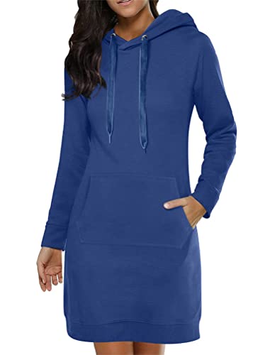 ORANDESIGNE Damen Hoodie Kleid Pullover Langarm Sweatshirts Kapuzenpullover Sweatkleid Herbst Mini Kleid Freizeitkleider mit 1/4 Reißverschluss D Blau XL von ORANDESIGNE