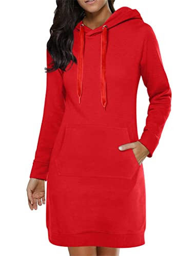 ORANDESIGNE Damen Hoodie Kleid Pullover Langarm Sweatshirts Kapuzenpullover Sweatkleid Herbst Mini Kleid Freizeitkleider mit 1/4 Reißverschluss D Rot S von ORANDESIGNE